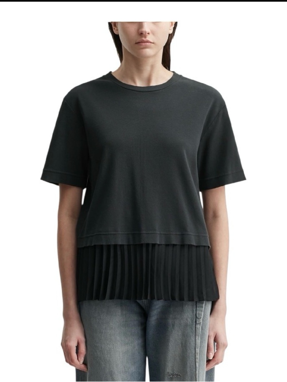MM6 Maison Martin Margiela Black Short-Sleeve Top with Pleated Hem